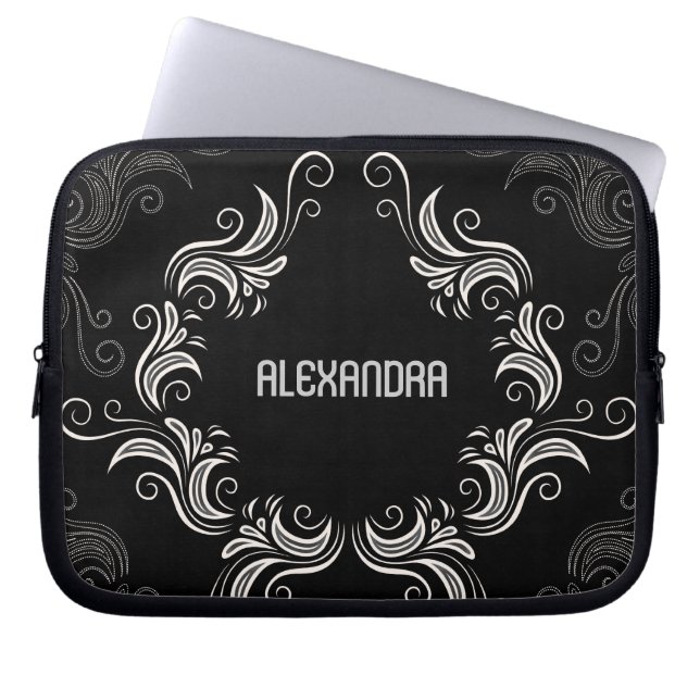 Black A& White Baroque Swirls-Monogram Laptop Sleeve (Front)