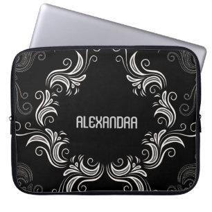 Black A& White Baroque Swirls-Monogram Laptop Sleeve