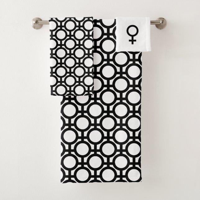 Black Abstract Circles and Lines on White  Bath To Towel Set (Insitu)