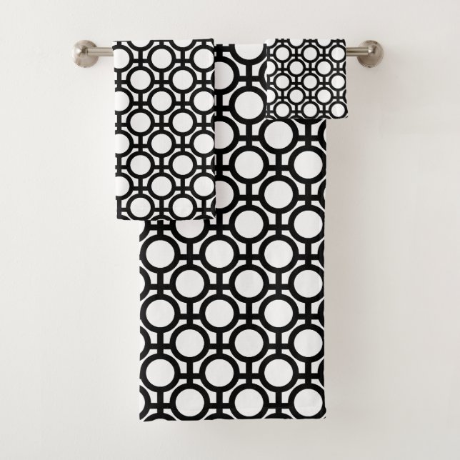 Black Abstract Circles and Lines on White  Bath Towel Set (Insitu)