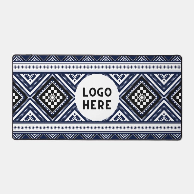 Black Abstract Ethnic Geometric Patterns with Logo Desk Mat (Front)