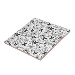 Black Abstract Floral on White Background Ceramic Tile