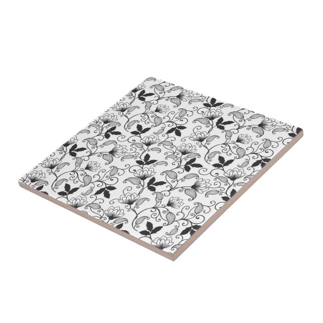 Black Abstract Floral on White Background Ceramic Tile (Side)