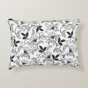 Black Abstract Floral on White Background Decorative Cushion