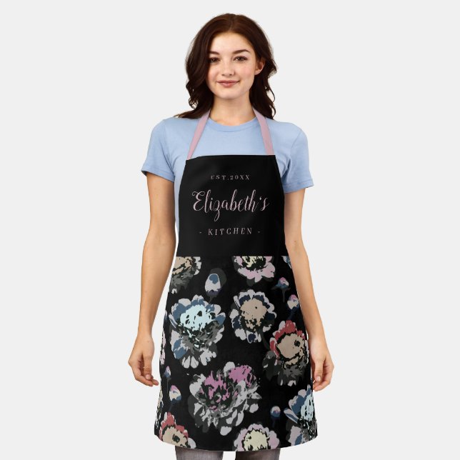 Black abstract floral pattern personalised cooking apron (Worn)