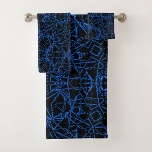 Black abstract modern spider net lines blue navy o bath towel set