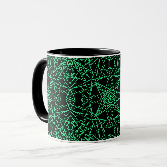 Black abstract modern spider net lines neon green mug (Front Left)