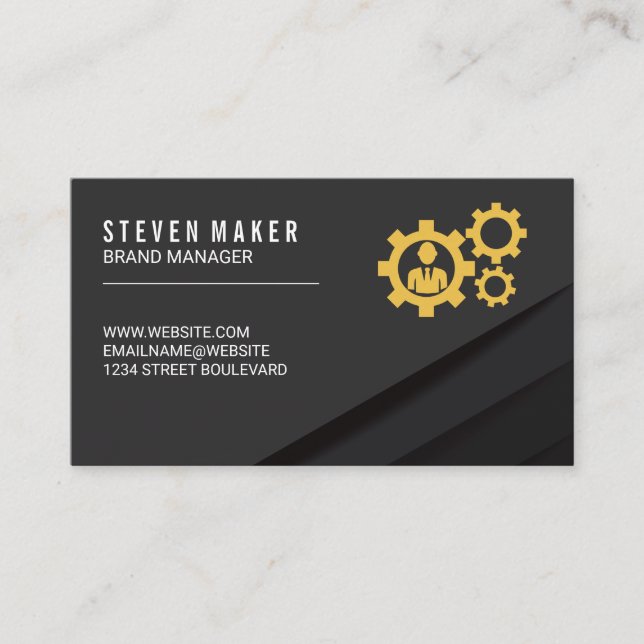 Black Abstract Panels | Gears Icon Business Card (Front)