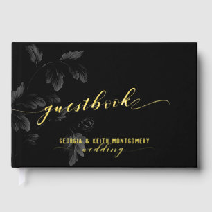 Black Acanthus Leaf Gold Script Elegant Wedding  Guest Book