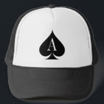 Black ace of spades poker player trucker hat<br><div class="desc">Black ace of spades monogram trucker hat. Cool gift idea for Ace poker player. Playing card suits design for poker night / poker king. Personalizable letter.</div>