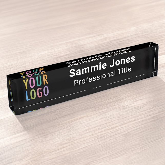 Black Acrylic Desk Name Plate Business Logo Modern (MISOOK Black Acrylic Name Plate with Logo and Job Title)