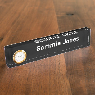 Black Acrylic Desk Name Plate with Clock Modern