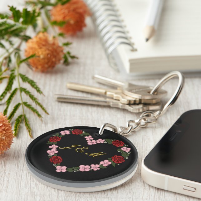 Black acrylic keychain with rose heart (Front Right)