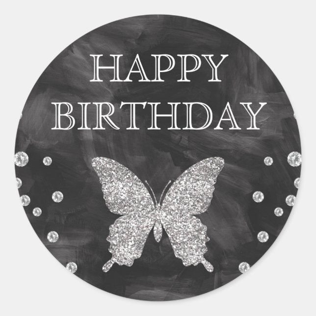 Black Acrylic & Silver Glitter Butterfly Birthday Classic Round Sticker (Front)