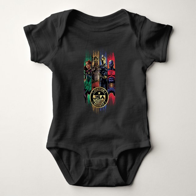 Black Adam Justice Society Heroes In Stripes Baby Bodysuit (Front)