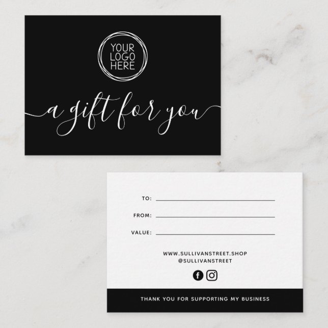 Black Add Your Logo Minimalist Gift Certificate  Card (Front/Back)