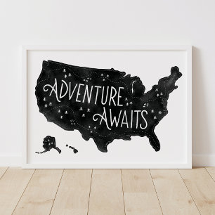 Black Adventure Awaits US Map Kids Room Decor