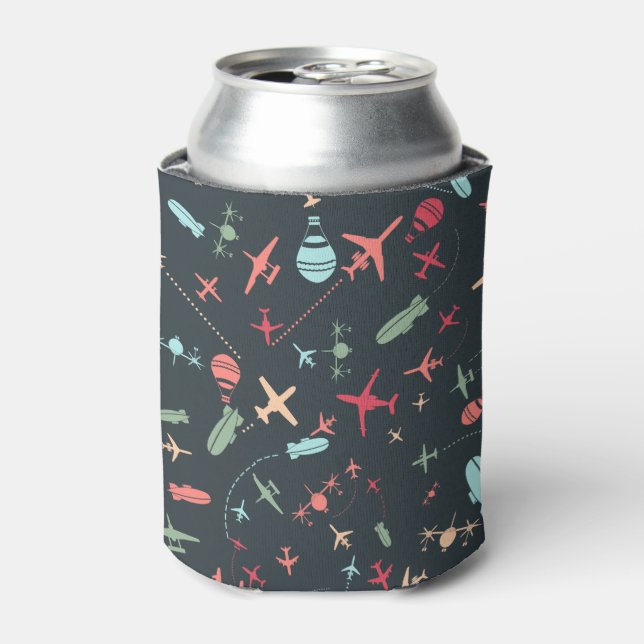 Black Aeroplane and Aviation Pattern Can Cooler (Can Front)