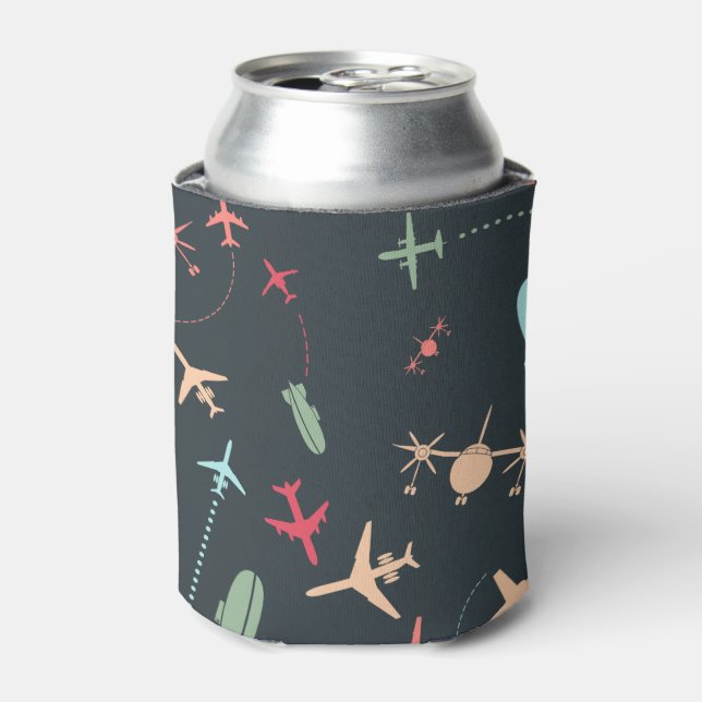 Black Aeroplane and Aviation Pattern Can Cooler (Can Front)
