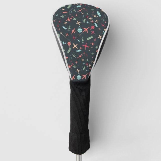 Black Aeroplane and Aviation Pattern Golf Head Cover (Front)