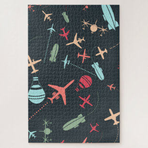Black Aeroplane and Aviation Pattern Jigsaw Puzzle