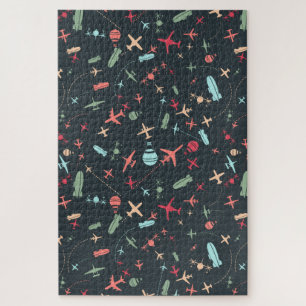 Black Aeroplane and Aviation Pattern Jigsaw Puzzle
