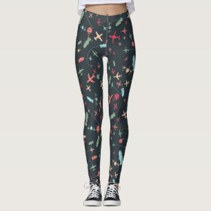Black Aeroplane and Aviation Pattern Leggings