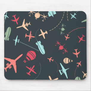 Black Aeroplane and Aviation Pattern Mouse Pad