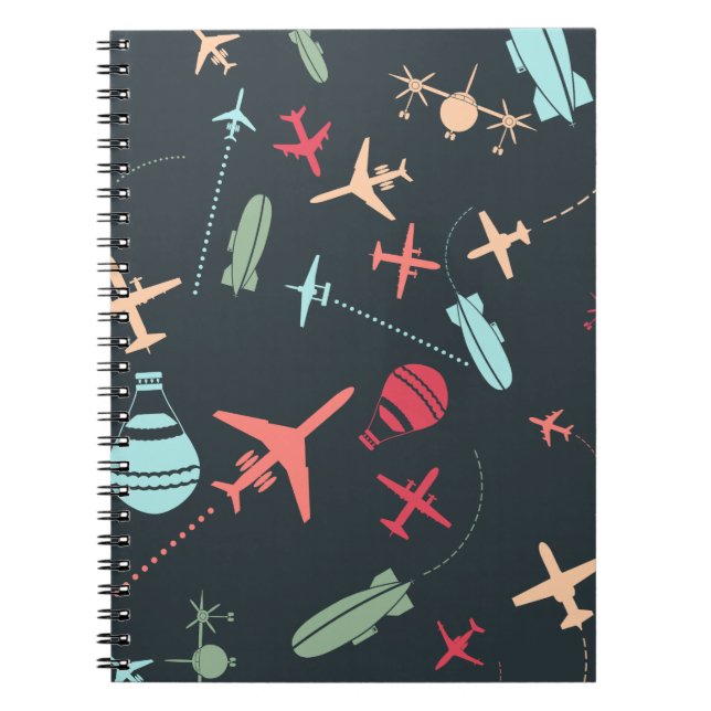 Black Aeroplane and Aviation Pattern Notebook (Front)