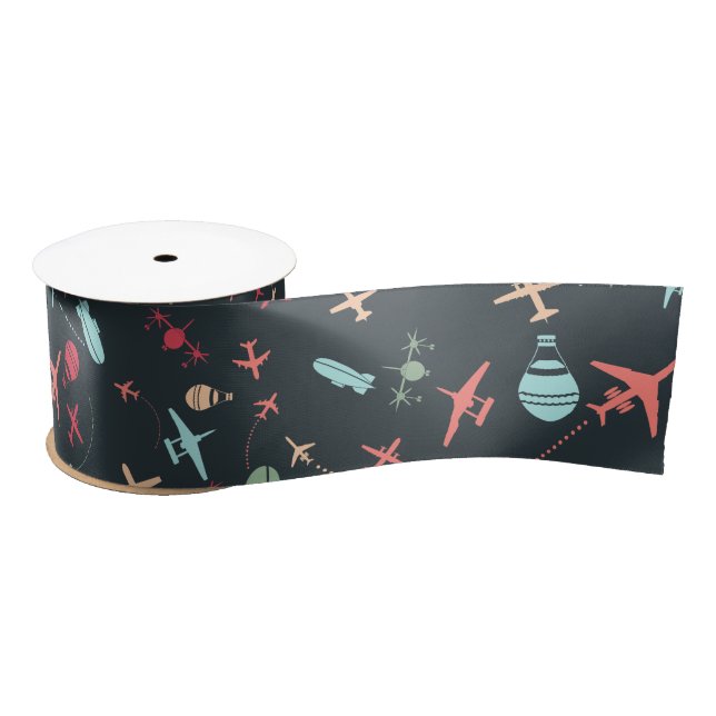 Black Aeroplane and Aviation Pattern Satin Ribbon (Spool)