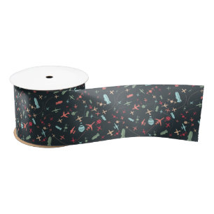 Black Aeroplane and Aviation Pattern Satin Ribbon