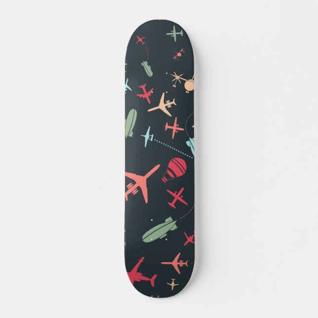 Black Aeroplane and Aviation Pattern Skateboard (Front)