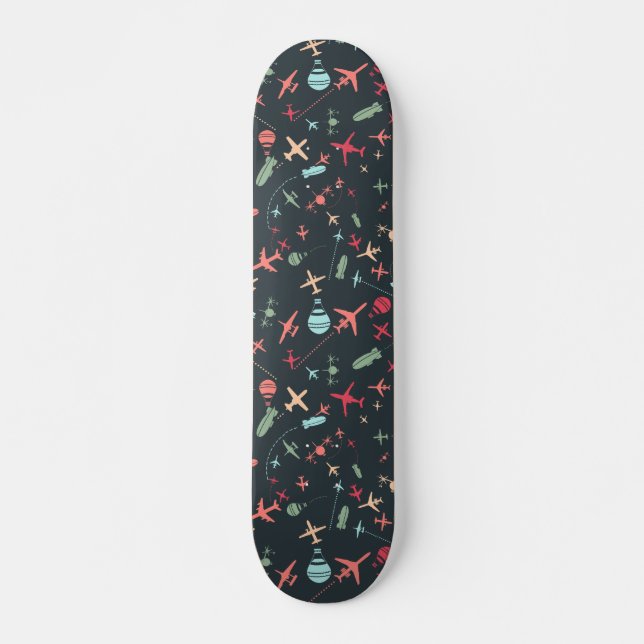 Black Aeroplane and Aviation Pattern Skateboard (Front)