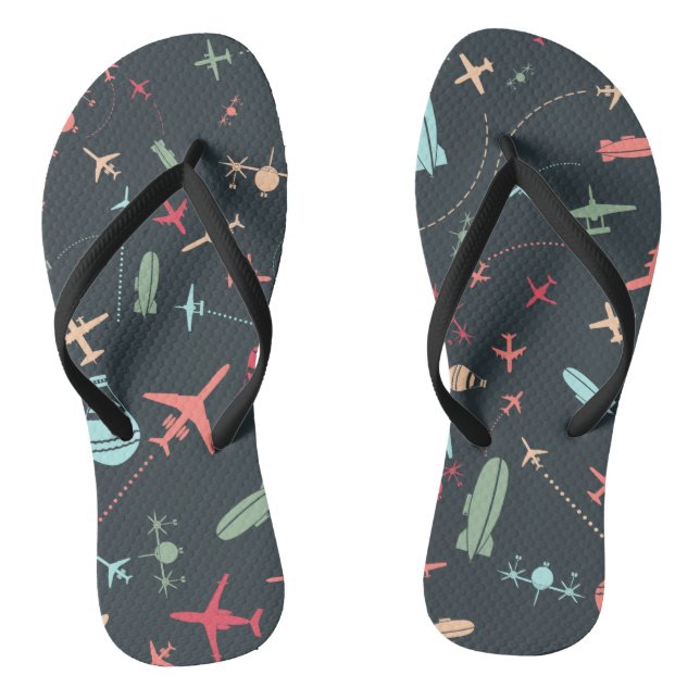 Black Aeroplane and Aviation Pattern Thongs (Footbed)
