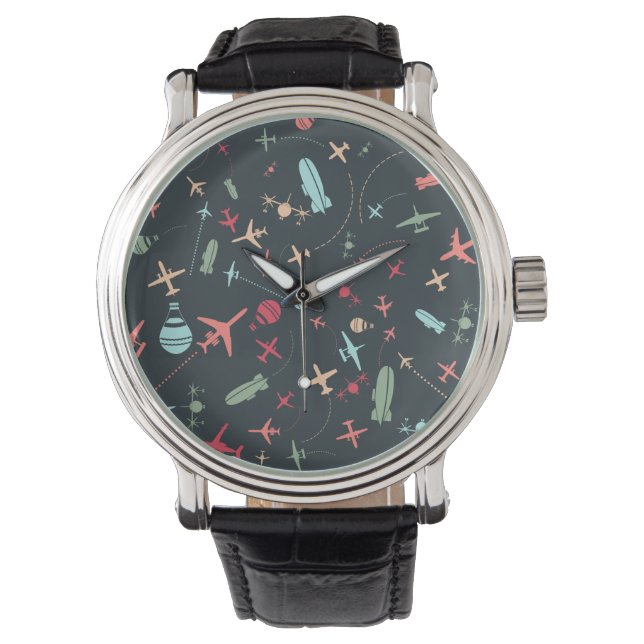Black Aeroplane and Aviation Pattern Watch (Front)