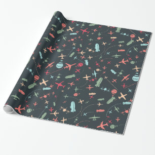 Black Aeroplane and Aviation Pattern Wrapping Paper