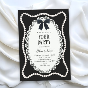 Black aesthetic elegant bow pearl invitation
