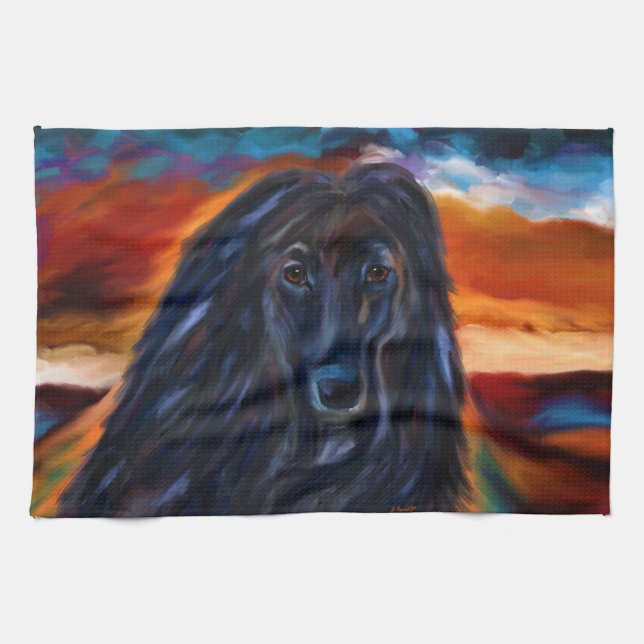 Black Afghan Hound Tea Towel (Horizontal)