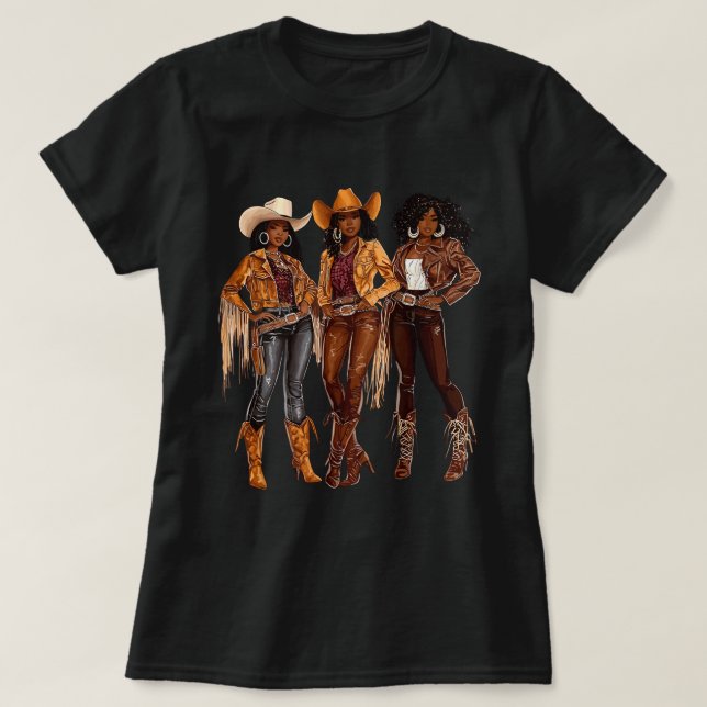 Black African American Cowgirl Western Texas Rodeo T-Shirt (Design Front)