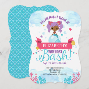 Black African American Mermaid Birthday Invitation