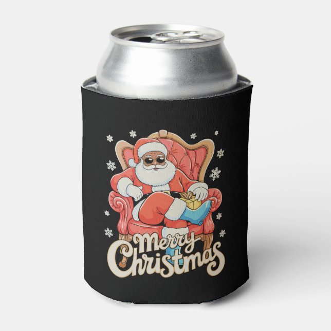 Black African American Santa Christmas Xmas Can Cooler (Can Front)