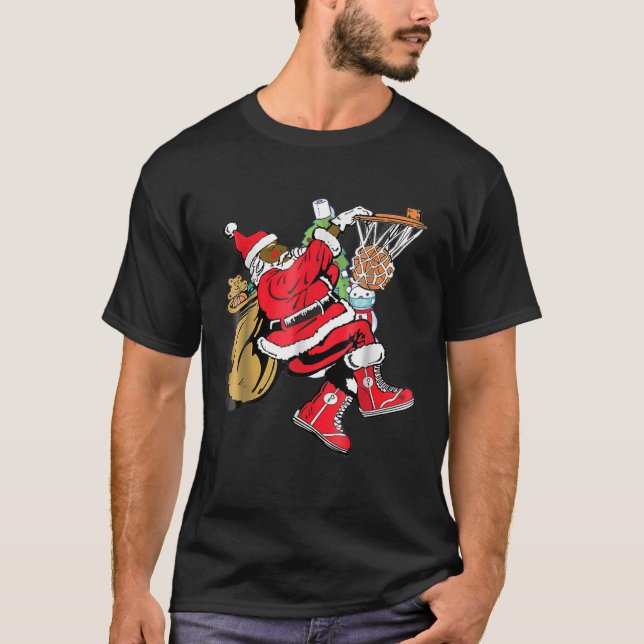 Black African American Santa Claus Basketball Chri T-Shirt (Front)