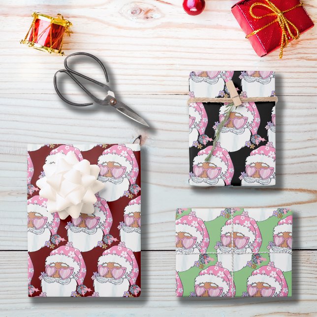 Black African American Santa Face Pink Christmas Wrapping Paper Sheet (Creator Uploaded)