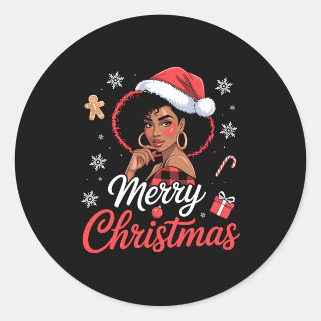Black African Girl American Merry Christmas Santa  Classic Round Sticker (Front)