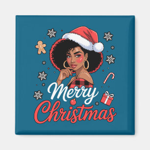 Black African Girl American Merry Christmas Santa Magnet