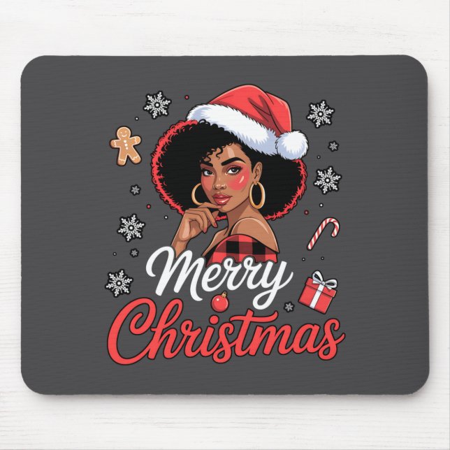 Black African Girl American Merry Christmas Santa  Mouse Pad (Front)