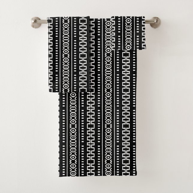 Black African Mud Cloth Pattern Bath Towel Set (Insitu)