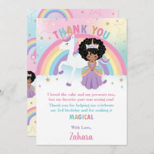 Black African Princess Rainbow Unicorn Birthday Thank You Card