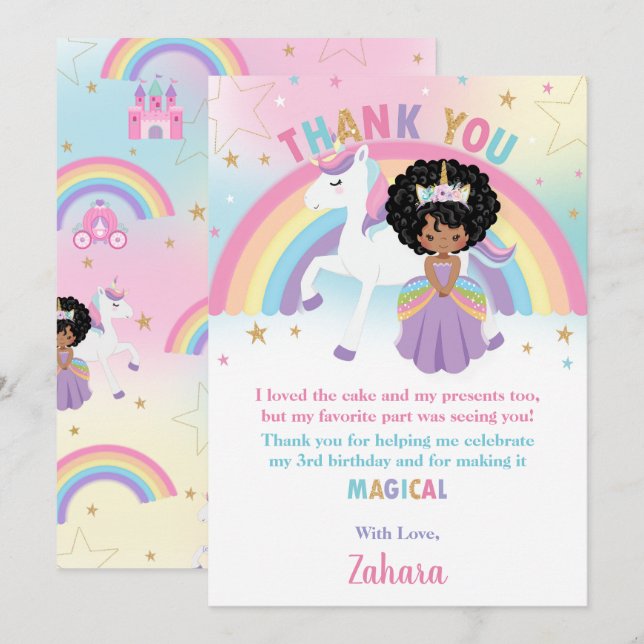 Black African Princess Rainbow Unicorn Birthday Thank You Card (Front/Back)