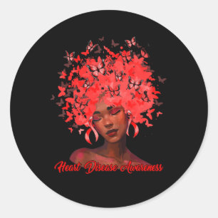 Black African Woman Afro Butterfly Ribbon Red Hear Classic Round Sticker